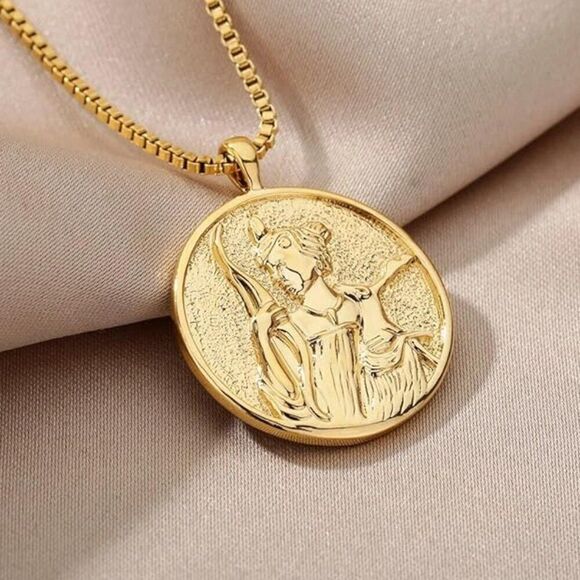Artemis Medallion Pendant Necklace in Gold on a Box Chain - Picture 3 of 8